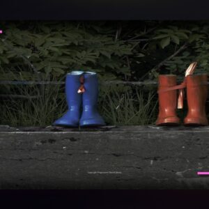 Spring Church Greeting Graphics - a row of rubber rain boots on a makeshift wooden bench