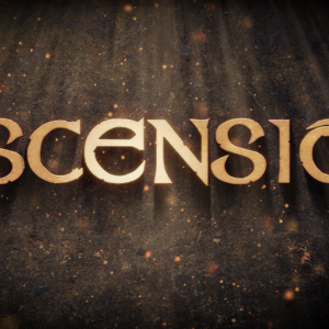 Ascension Sunday Worship Graphics. The word "Ascension" in a dark cave-like environment with streams of sunlight from above.