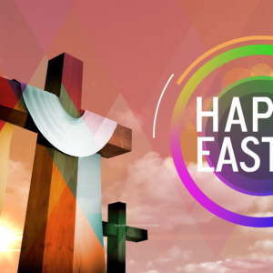 Easter Sunrise Service Graphics - a trio of crosses set against a vibrant morning sunrise sky