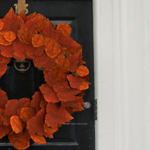 Fall Wreath Graphics - image features a front door with a welcoming fall wreath