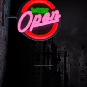 We Are Open Graphics - dark city street with a neon sign that says "We're open"