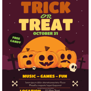 Halloween Church Trick Or Treat Flyer - poster template features Jack-o-Lanterns