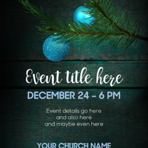 Country Christmas Flyer - poster template features Christmas ornaments hang against a backdrop of distressed old barn wood