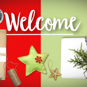 Christmas Gifts Video - the word "Welcome" surrounded by Christmas gifts and packages