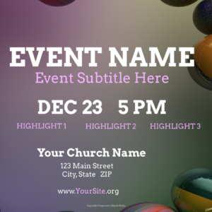 Don We Now Christmas Wreath Flyer - poster template features rainbow-colored Christmas ornaments