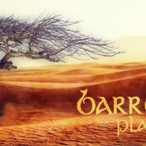 Lent Worship Welcome Video - a barren landscape with the words "Barren Places" in an ancient font style