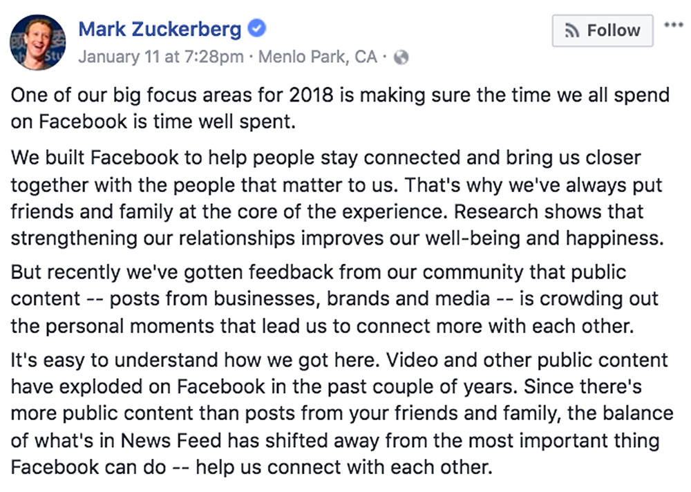 Facebook News Feed Changes - image of the announcement from Mark Zuckerberg about changes to Facebook News Feed