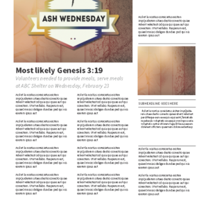 Ash Wednesday Worship Greeting Newsletter - Microsoft Word newsletter template with placeholders for headlines, text and images