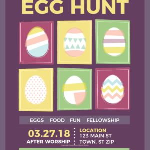 Church Easter Egg Hunt Flyer - poster template featuring decorated Easter eggs against a purple background