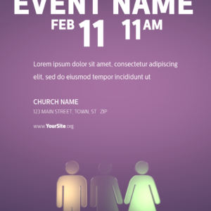Transformation Sunday Flyer - poster template with placeholders for text; male, female and transgender symbols on purple background
