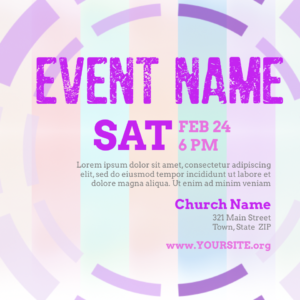 Lenten Church Welcome Flyer - poster template with placeholders for text; striped pastel background with purple circles