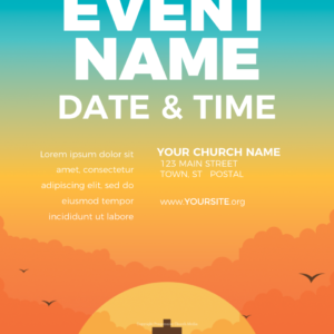 Easter Sunrise Worship Flyer - flyer template with text placeholders; background is a lone cross with a colorful morning sky
