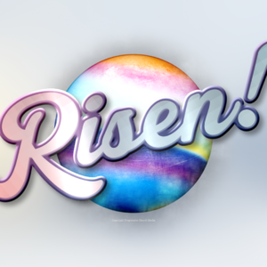 Easter Greeting Video - The word "risen" set against a multi-colored orb and grey background