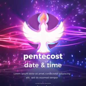 Pentecost Sermon Flyer - flyer template with text placeholders; background features streaks of energy and a logo of a white dove and flame