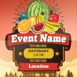 Farmers Market Flyer. Poster template with text placeholders. Background features fresh fruits and vegetables and a countryside setting.