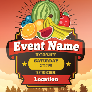 Farmers Market Flyer. Poster template with text placeholders. Background features fresh fruits and vegetables and a countryside setting.