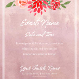 Watercolor Church Greeting Flyer - poster template with text placeholders; background features watercolor roses in pinks and reds
