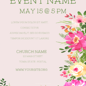 Floral Church Welcome Flyer - template with text placeholders; background features flowers painted in watercolor