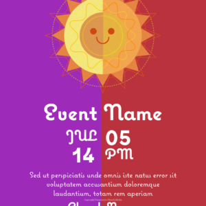 Verano Sol Flyer - poster template; background features a smiling sun in oranges and yellows