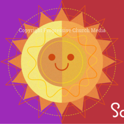 Verano Sol Video - A smiling sun in oranges and yellows with the word "Saludos"