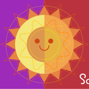 Verano Sol Video - A smiling sun in oranges and yellows with the word "Saludos"