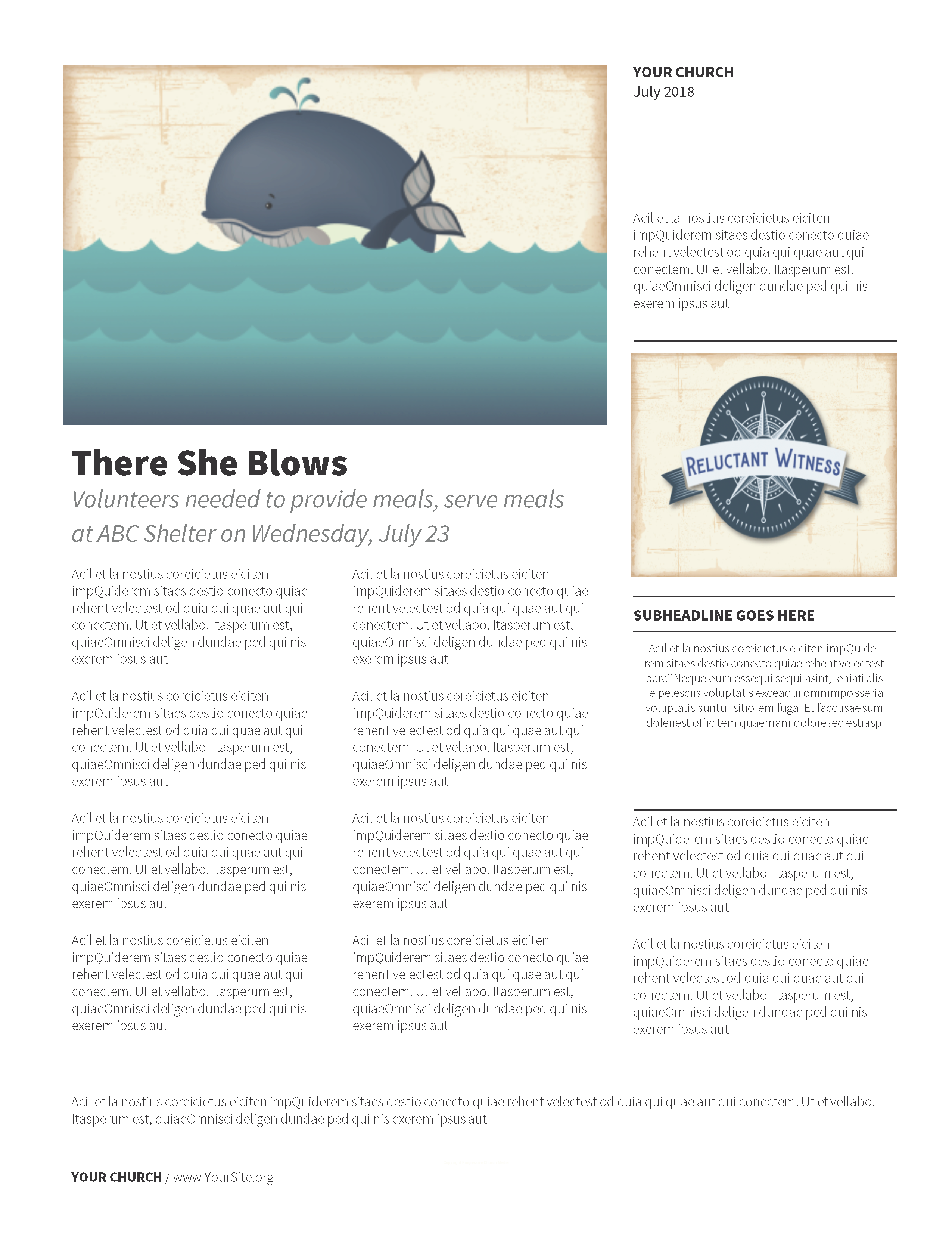 Reluctant Witness Newsletter - newsletter template with placeholders for text and images