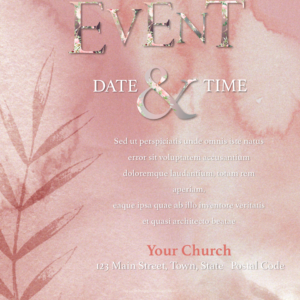 Floral Church Greeting Flyer - poster template with text placeholders; background features pink watercolors and floral flourishes