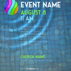 Water Baptism Flyer - poster template features a colorful drop of water and a ripple of water across the surface of a pool