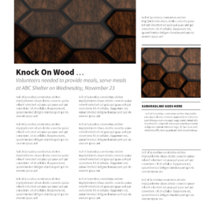 Flowing Wood newsletter template featuring dark wood hexagon pattern background, church bulletin layout with text sections and image placeholders for progressive church communications — church newsletter and bulletin template for progressive churches