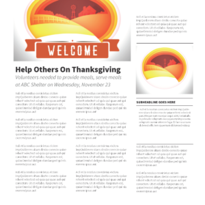 Fall Farm Landscape with warm sunset colors, rolling fields, and windmill, "Welcome" banner below, church newsletter template for progressive churches — church newsletter and bulletin template for progressive churches