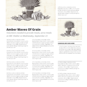 Vintage Harvest newsletter template featuring a pen-and-ink illustration of bundled wheat sheaves surrounded by autumn vegetables and produce, with September 2017 header and text columns for church announcements, church newsletter and bulletin template for progressive churches