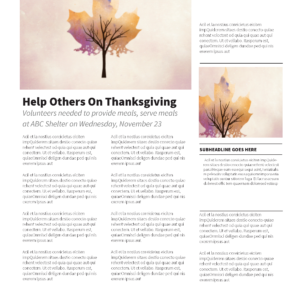 Falling Leaves Newsletter with bare tree silhouette in watercolor autumn foliage of gold, orange, and purple, November church bulletin template for progressive churches — church newsletter and bulletin template for progressive churches