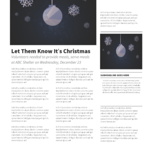 Christmas background with hanging ornament and snowflakes on dark blue, church newsletter and bulletin template for progressive churches