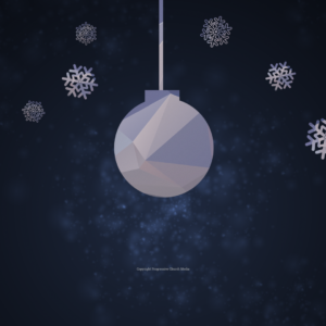 Christmas ornament with geometric faceted design hanging among scattered snowflakes on dark blue winter background, worship background for church slides for progressive churches