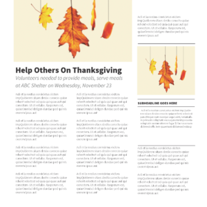 Happy Thanksgiving 2018 newsletter template featuring autumn leaves in yellow, orange and red hanging against a cream background, church newsletter and bulletin template — church newsletter and bulletin template for progressive churches