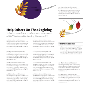 Blustery newsletter template featuring autumn leaves and purple circle design with November Thanksgiving volunteer call-to-action, church newsletter and bulletin template — church newsletter and bulletin template for progressive churches