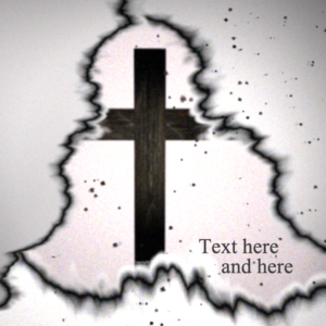 Ash Wednesday cross emerges from scorched and charred paper texture with dark burnt edges against white background, church social media graphic for progressive churches