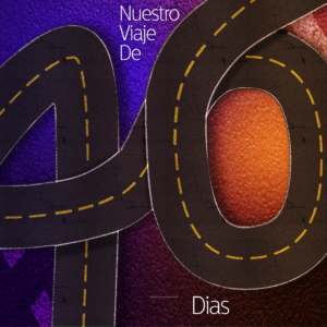 Lenten Voyage 40-day journey illustrated as a winding road with yellow dashed lines against purple and rust textured background with Spanish text, church social media graphic for progressive churches