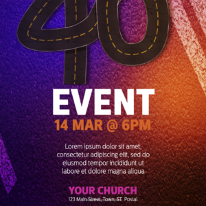 Lenten Voyage flyer - poster template features the number 40 formed into a highway - the 40 day journey of Lent