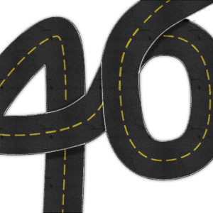 Number 40 formed as a winding road with yellow dashed center line on dark asphalt, Lenten Voyage Graphics, worship background for church slides for progressive churches