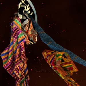 African cloth graphics - vibrant African textiles float on the screen with the word "Welcome" in many African languages