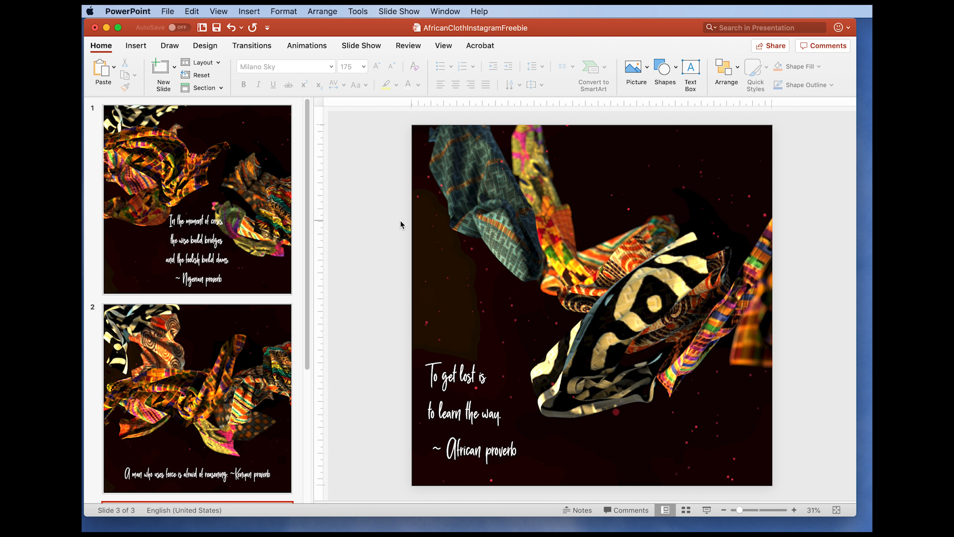 Post African Proverbs On Social Media - screen shot of PowerPoint slide with African textiles in a photo