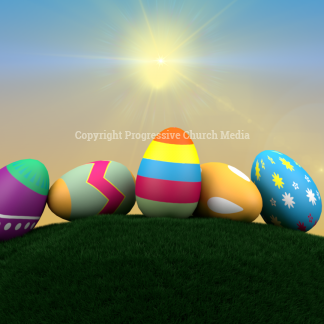 Easter Egg Hunt Graphics - colorful Easter eggs sit on lush green grass against a warm sunrise sky