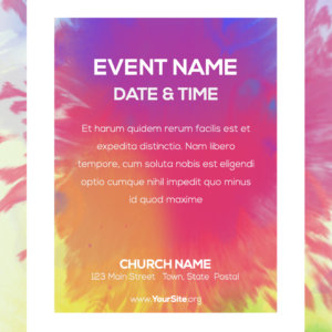 Affirming Welcoming Celebrating Flyer. Poster template features drops of ink in a rainbow of colors.