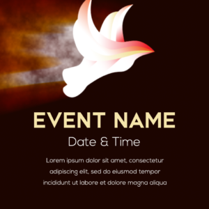 Pentecost Church Welcome Flyer. Poster template features stylized dove with a trail of flames.