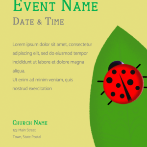 Ladybug Flyer. Poster template features a stylized ladybug crawling on a green leaf.