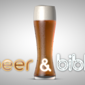 Beer & Bible Video. A tall glass of beer with a white foam sits against a pale background.