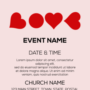 Love Flyer. Poster template features 4 red hearts tilted to spell the word "love."