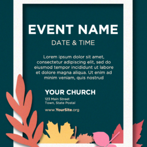 Thanksgiving Church Welcome Flyer. Poster template features colorful fall leaves against a dark blue-green background.