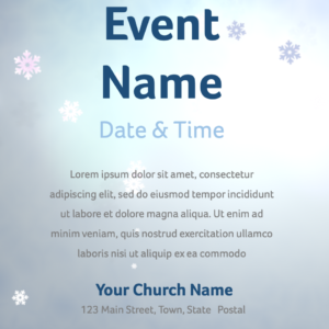 Snowflake Greetings Flyer. Poster template features snowflakes floating across a pale blue winter sky.